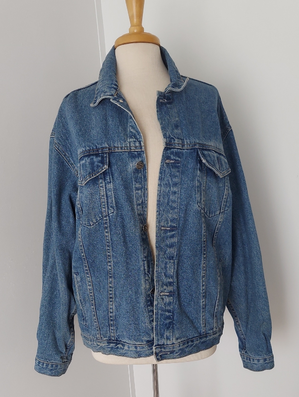 Port Authority light blue denim jacket with brown leather patch